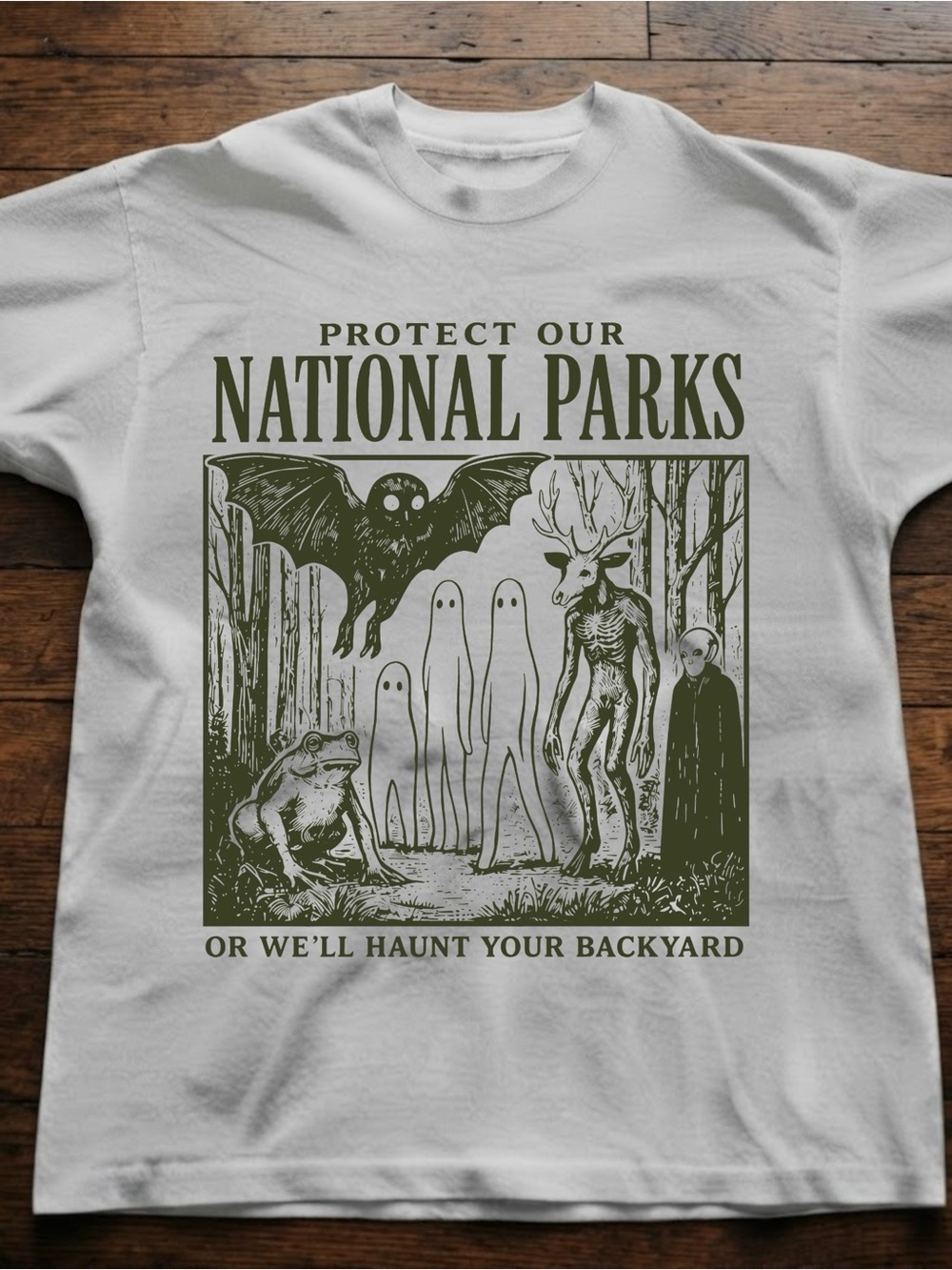 Protect Our National Parks Cryptid Tee Gildan Cotton Graphic Light Grey Shirt
